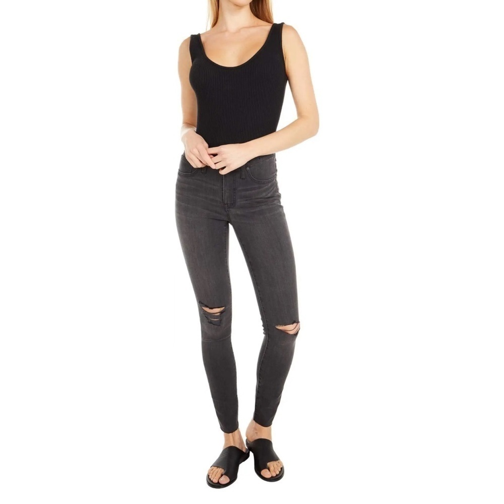 Madewell 9” High Rise Skinny distressed ripped raw‎ hem black  sea jeans Sz 27